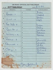 5-23-89 Pittsburgh Pirates - Game Used Lineup Card - Barry Bonds & Jim Leyland
