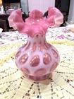 Fenton Coin Dot Cranberry Pink Cased Glass Double Ruffled Vase 7"t Vintage