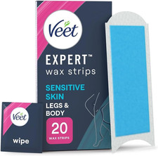 Image of Veet Cold Wax Strips Legs & Body Sensitive Skin Hair Removal 20 Strips + Wipes