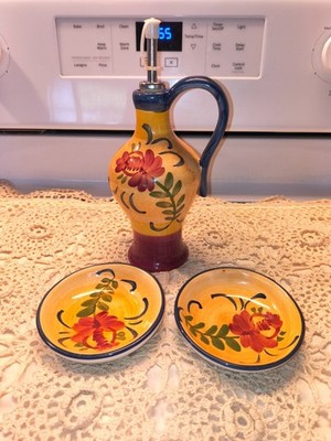 Casa Elite Toscana Ceramic 1 Cruet Holder 2 Dipping Dishes Hand Painted Set