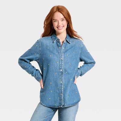 Women's Valentine's Day Relaxed Embellished Denim Shirt