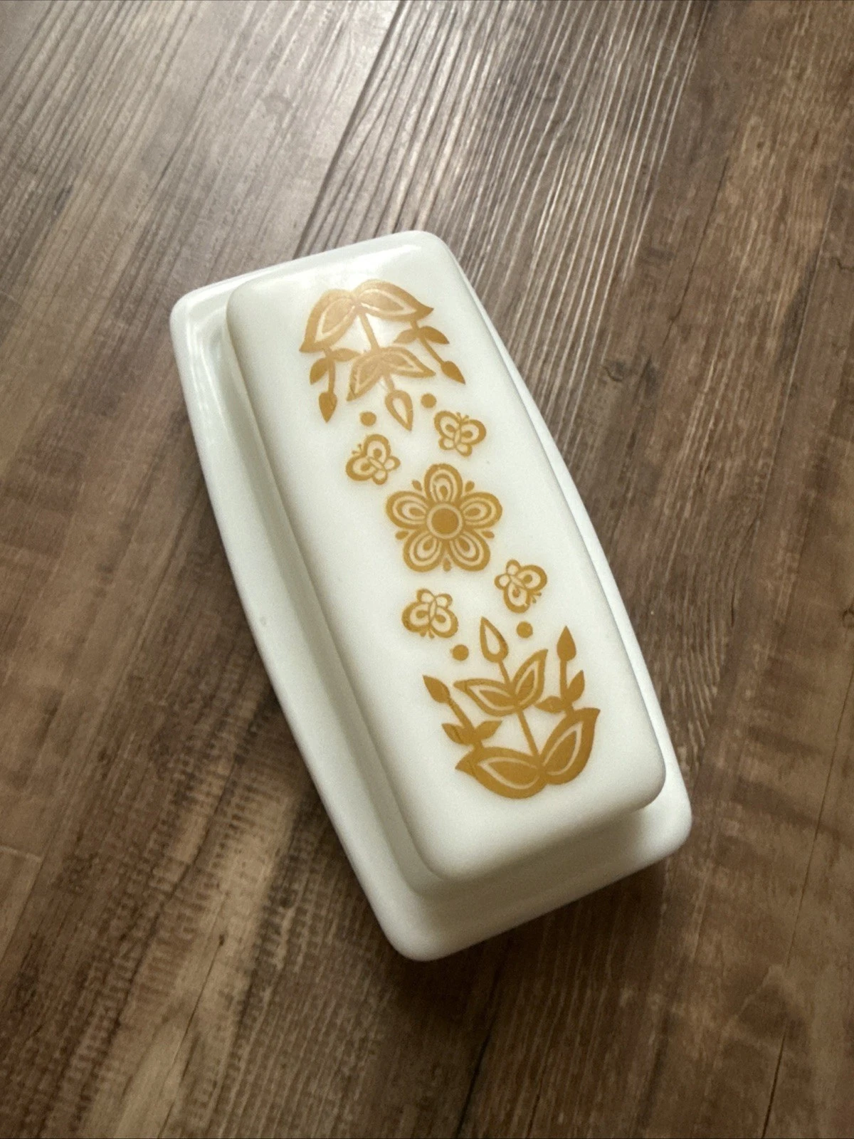 Vintage Pyrex Covered Butter Dish Made In USA gold floral