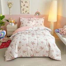 Twin Size Comforter Set for Girls, Floral Pink n White Twin- 68"x88" Flowers