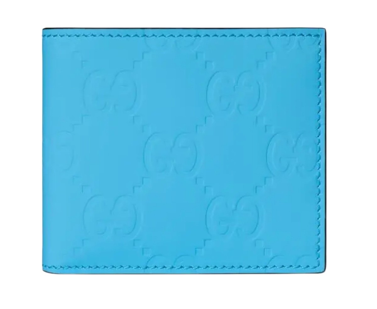 Authentic Men's Gucci Neon Blue GG Logo Rubber Effect Leather