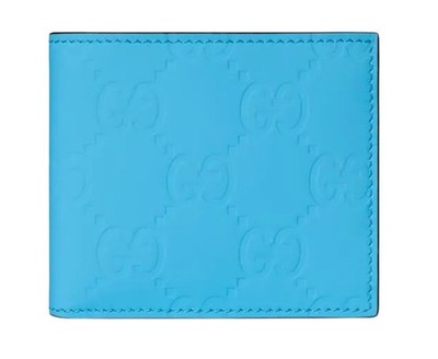 Authentic Men's Gucci Neon Blue GG Logo Rubber Effect Leather Bifold Wallet New