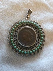 Hand Made Ladies Pendant Indian Head Penny 1906 Turquiose Ball Edge Accents