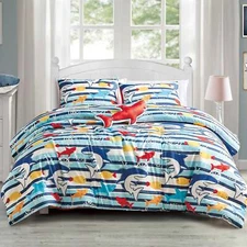 3PCS Sheet Cover Striped Decor Comfort Set Ocean Shark Print Quilt Set Bedspread