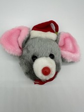 Vtg Christmas Door Knob Cover Mouse Gray Santa Hat Holiday Home Decor Plush