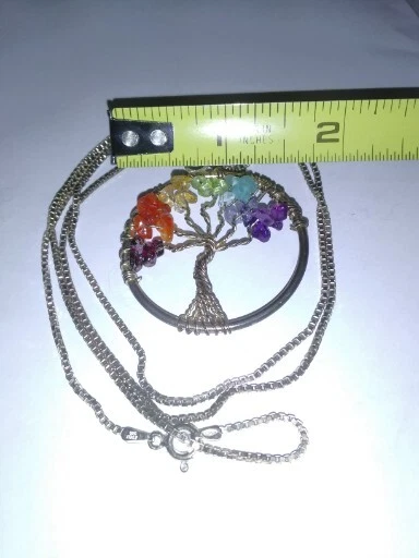 Tree of Life Pendant w/ Gemstone & Chain .925 Sterling Silver Necklace Rainbow  - Image 3 of 4