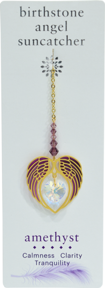 AMETHYST February Birthstone Gold Angel Wing Heart Sun-catcher Hanging Crystal G