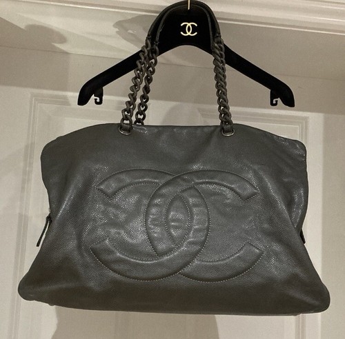 Stunning Chanel Vintage Chain Large Grey Shoulder Tote Bag Full Set!