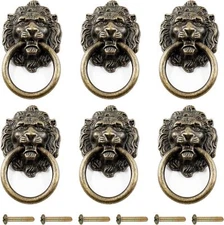 6 Pcs Lion Head Knobs Pull, Antique Bronze Ring Pull Handles for Dresser Drawers