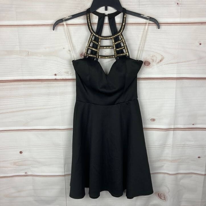 Speechless Dress Juniors 9 Black Halter Cage Neck Skater Beaded Sleeveless  Mini | eBay