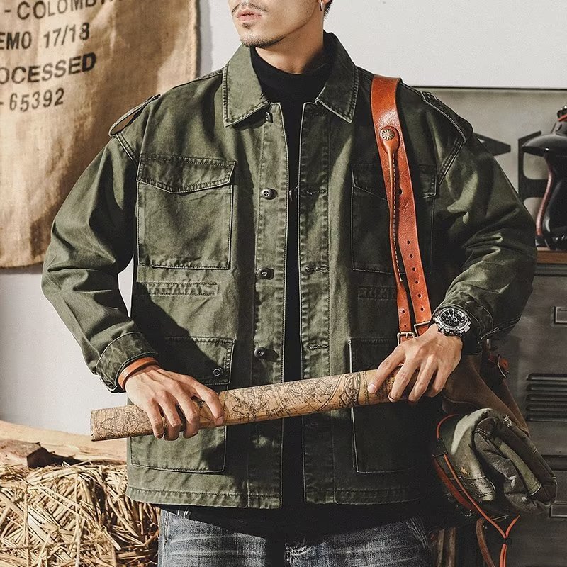 Retro Denim Jacket for Mens Autumn Outdoor Leisure Multi Pocket Work Jacket-image