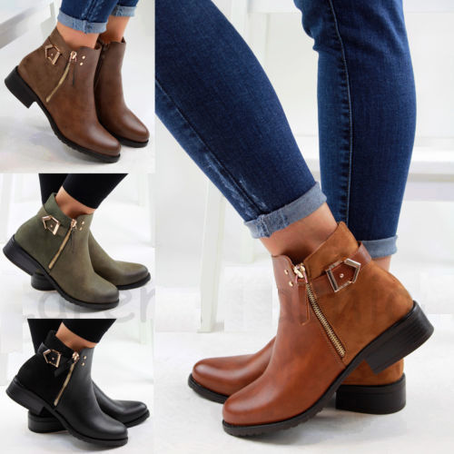 New Womens Ladies Flat Ankle Boots Casual Buckle Side Zip Low Heel Shoes Sizes - Picture 1 of 14