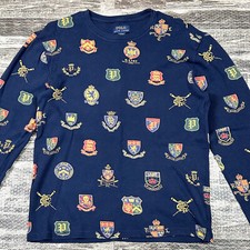 POLO Ralph Lauren Collegiate Emblem Allover Print Thermal Navy Blue Mens sz MED