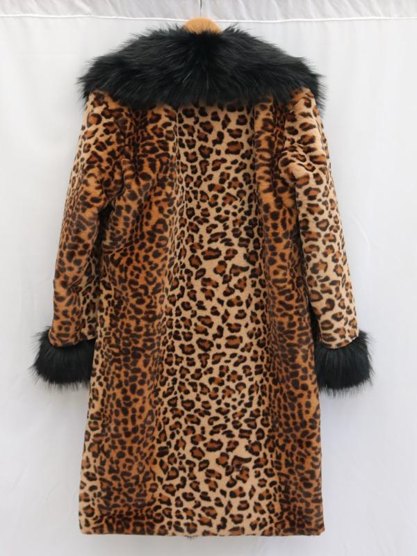 Women's Leopard Print Faux Collar Casual Loose Fit Long Coat ry