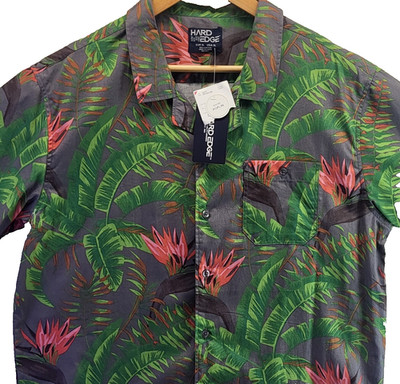 NEW Hard Edge Hawaiian Button Front Shirt Mens XL Gray Floral Fern Aloha Camp