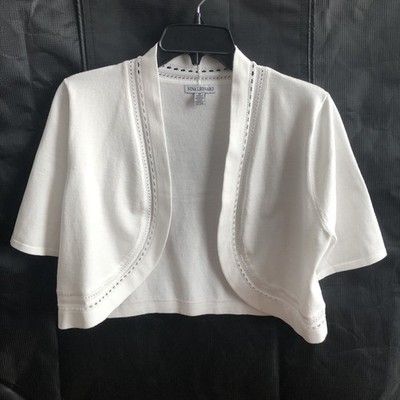 Nina Leonard Open Knit Cropped Crochet Hem Cardigan Women s Medium White