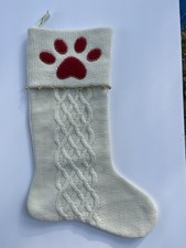 Knitted Christmas Stocking Paw Print Cat Dog White Red