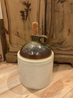 Vintage Large Beige and Brown Whiskey Jug with corn cob in top