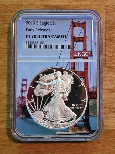 2019 NGC PF70 Ultra Cameo Silver Eagle Golden Gate Bridge Label