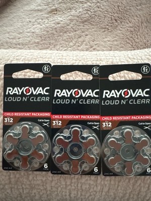  3 pack of Rayovac loud N'Clear 312 hearing aid batteries ex. 5/29  18 count