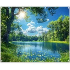 Fabric 10x8ft Lake Natural Scenery Backdrop River Forest Tree Blue Sky Backgr...