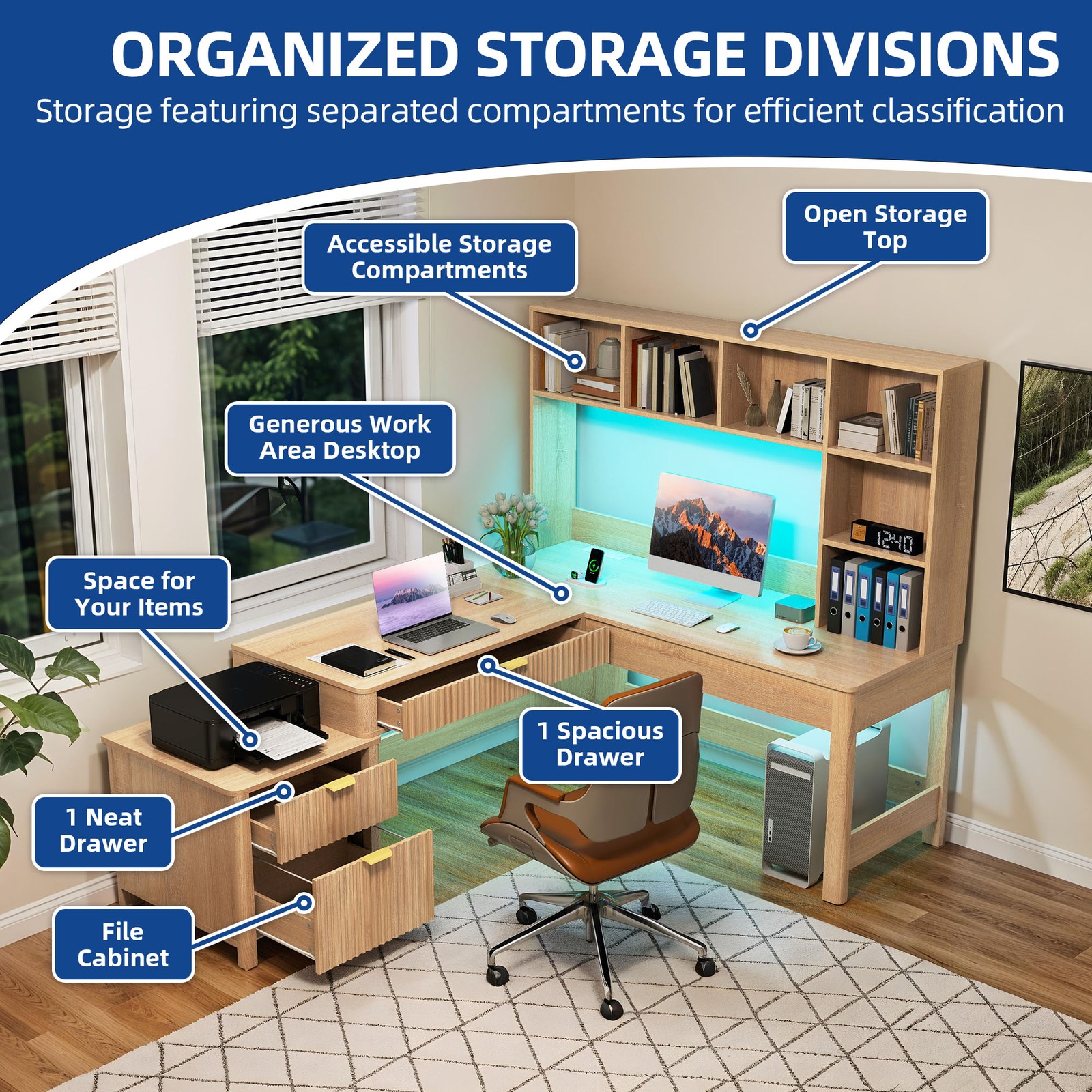 L Shaped Desk 67 inche Computer Desk Gaming Desk with Hutch & Drawers LED Lights
