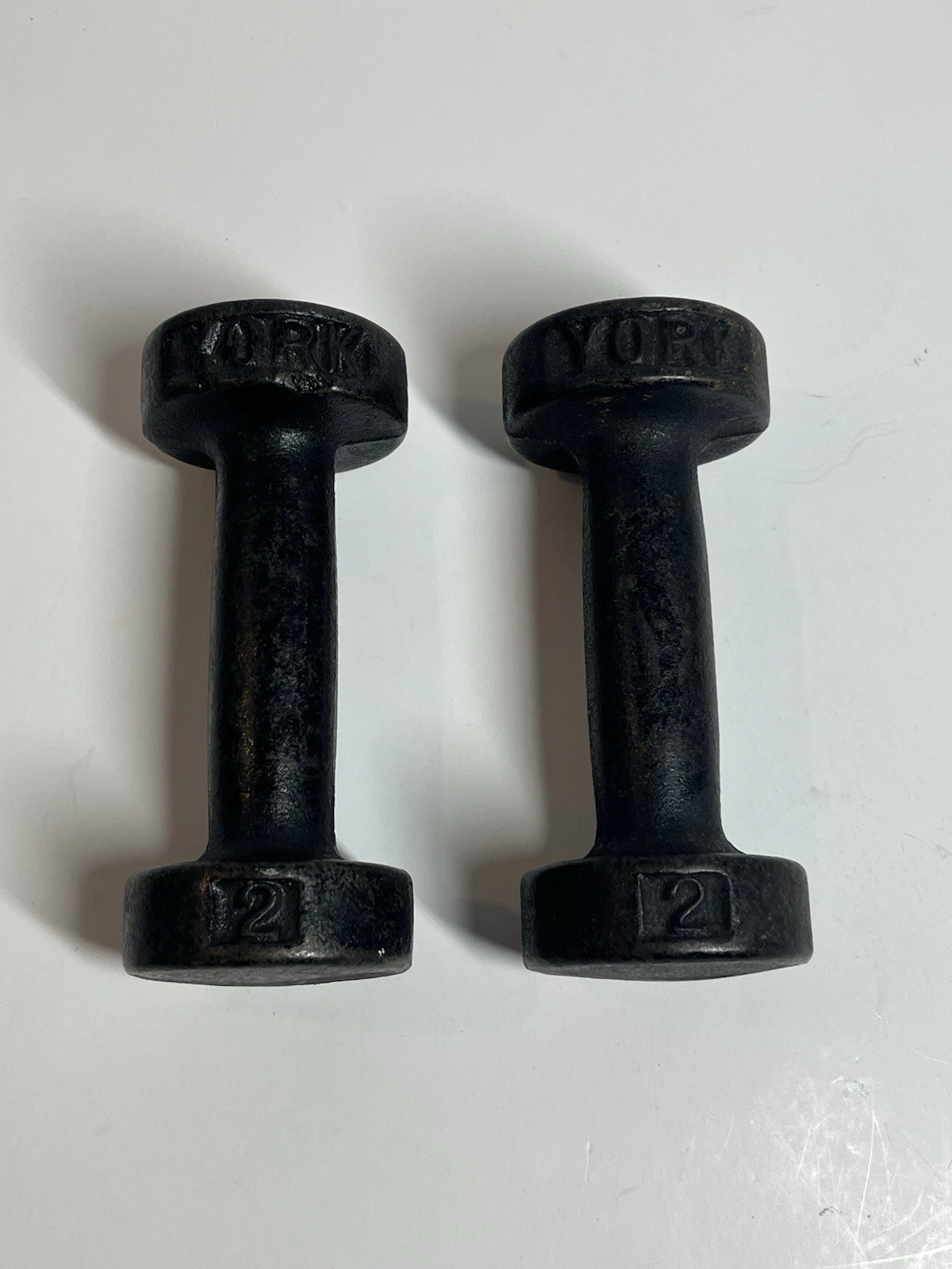 Pair Of Vintage York 2 lb Pound Weights Barbell Set Dumbbell Cast Iron Barbells