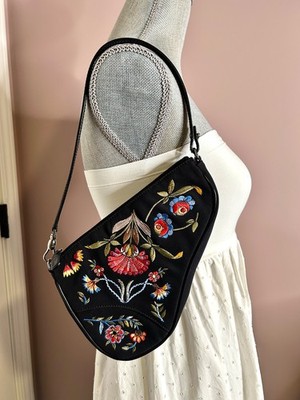 Authentic CHRISTIAN DIOR Saddle Bag with Embroidered Flowers Design