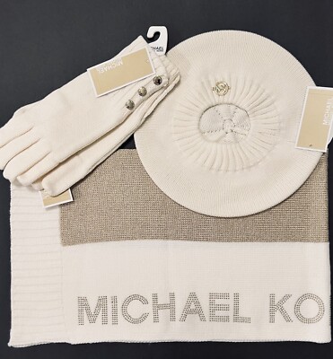 Michael Kors 3-Piece Set SCARF, HAT GLOVES Cream White