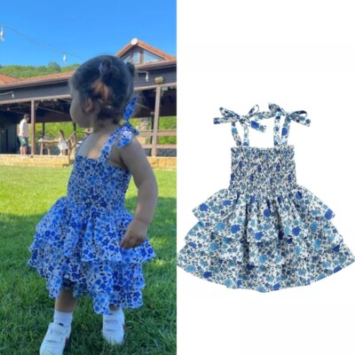 blue dress 5t Back to School Apple Dress with collar- Blue/Red – Smocked A Lot, LLC main image 1