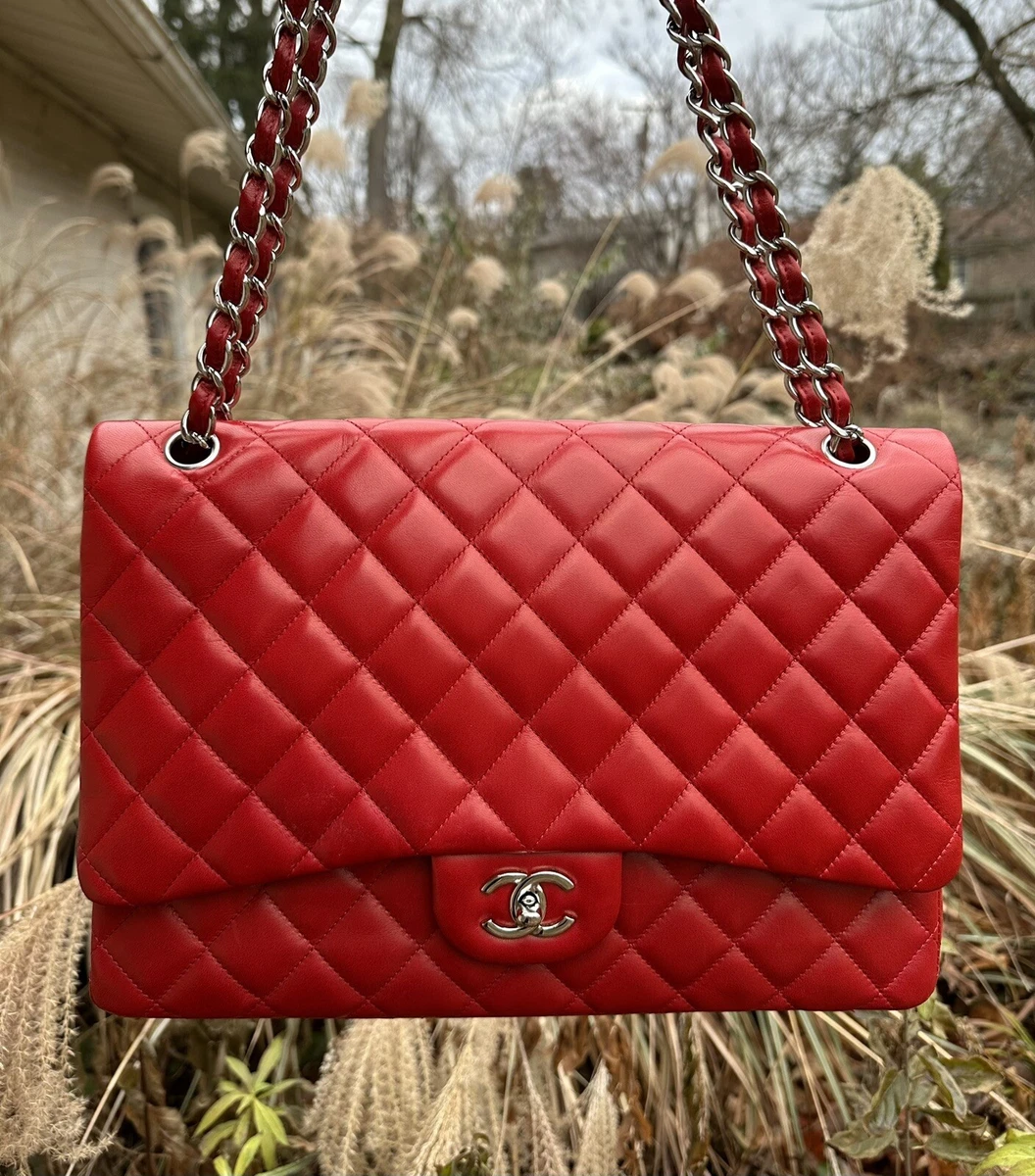 Authentic CHANEL Red Lambskin Classic Maxi Single Flap Bag SHW silver  hardware