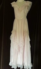 80s Vtg Prom Dress Sheer Pink Swiss Dot Edwardian Sheer Bodice Sleeveless Ruffle
