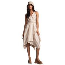 Anthropologie Maeve Asymmetrical Wrap Neutral Striped Shirt Dress Petite Size 0