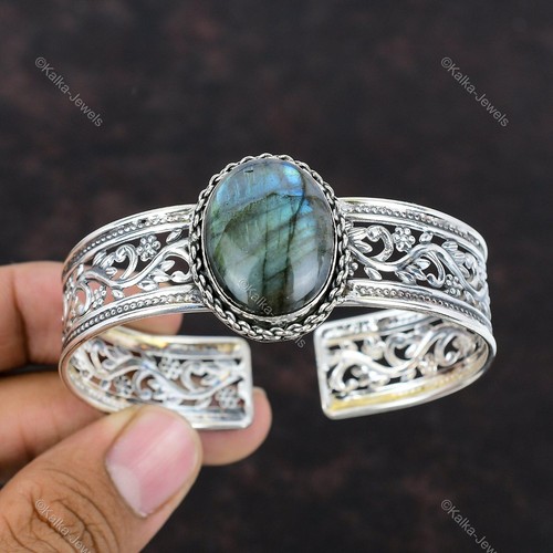 Birthday Gift For Her Natural Labradorite Gemstone Bangle Adjustable 925 Silver - Picture 3 of 10