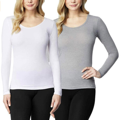 32 Degrees Heat Women's 2pk Long Sleeve Scoop Neck Base Layer Top White and  Grey