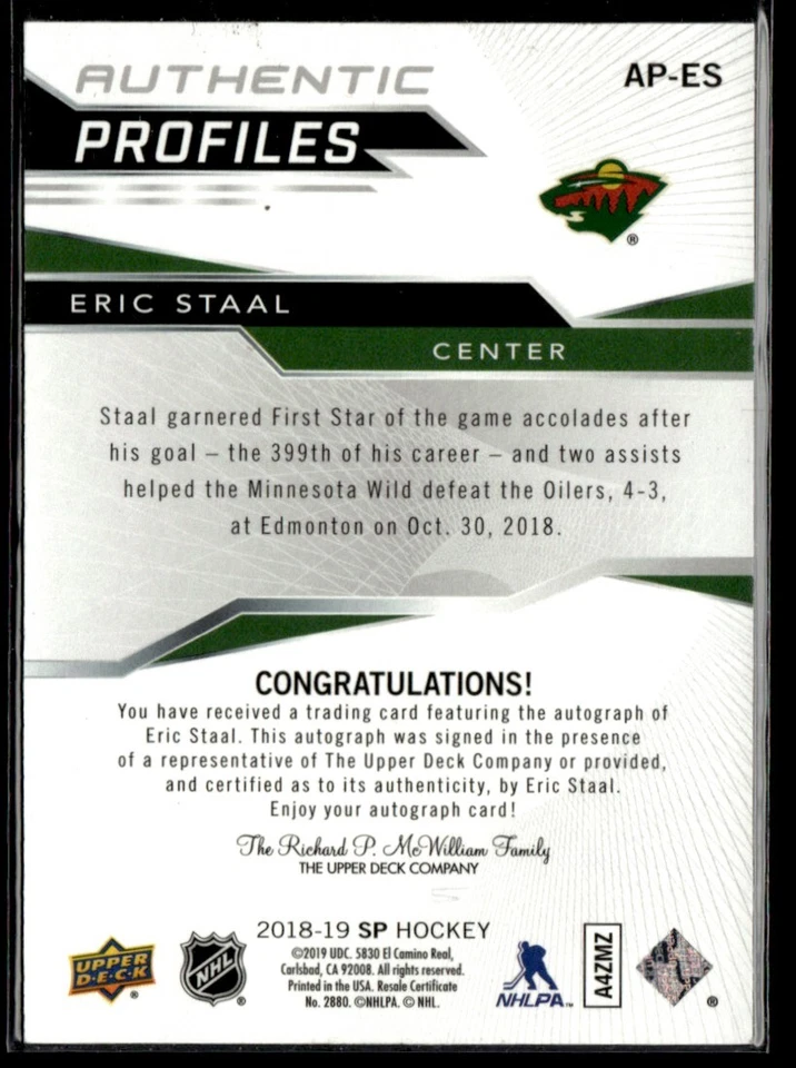 2018-19 SP Authentic Profiles - Signatures Eric Staal #AP-ES - Image 2 of 2