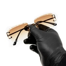 Men's Gem Cut Brown Tint Gold Frame Hip Hop Rimless Luxury Rectangle Sunglasses