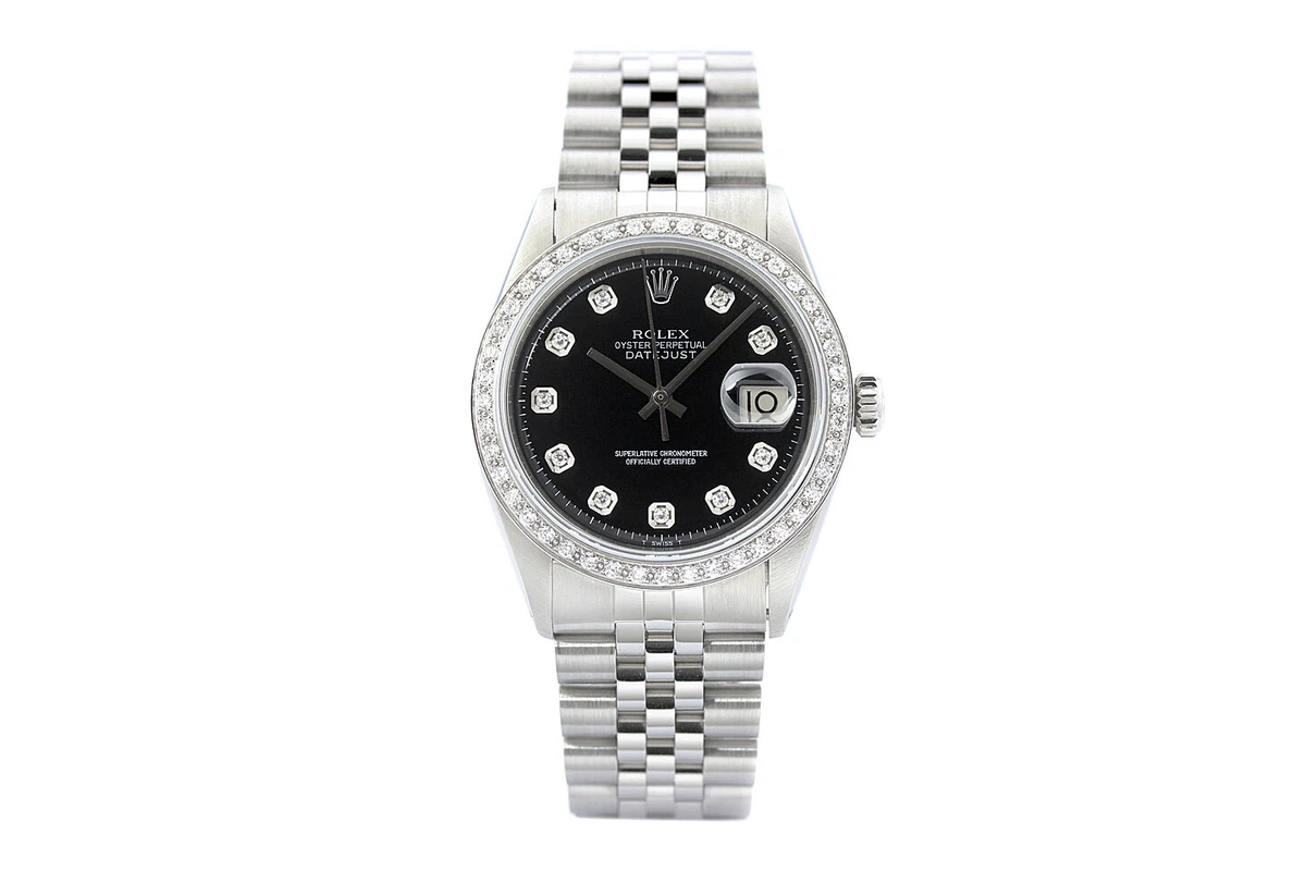 Rolex Mens Datejust Black Dial 18K White Gold Steel Diamond Watch