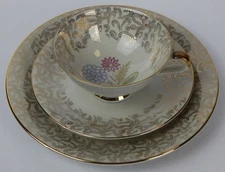 Vintage Bavarian China Trio Tea Cup Saucer and Plate With Flowers & Gold Swirls