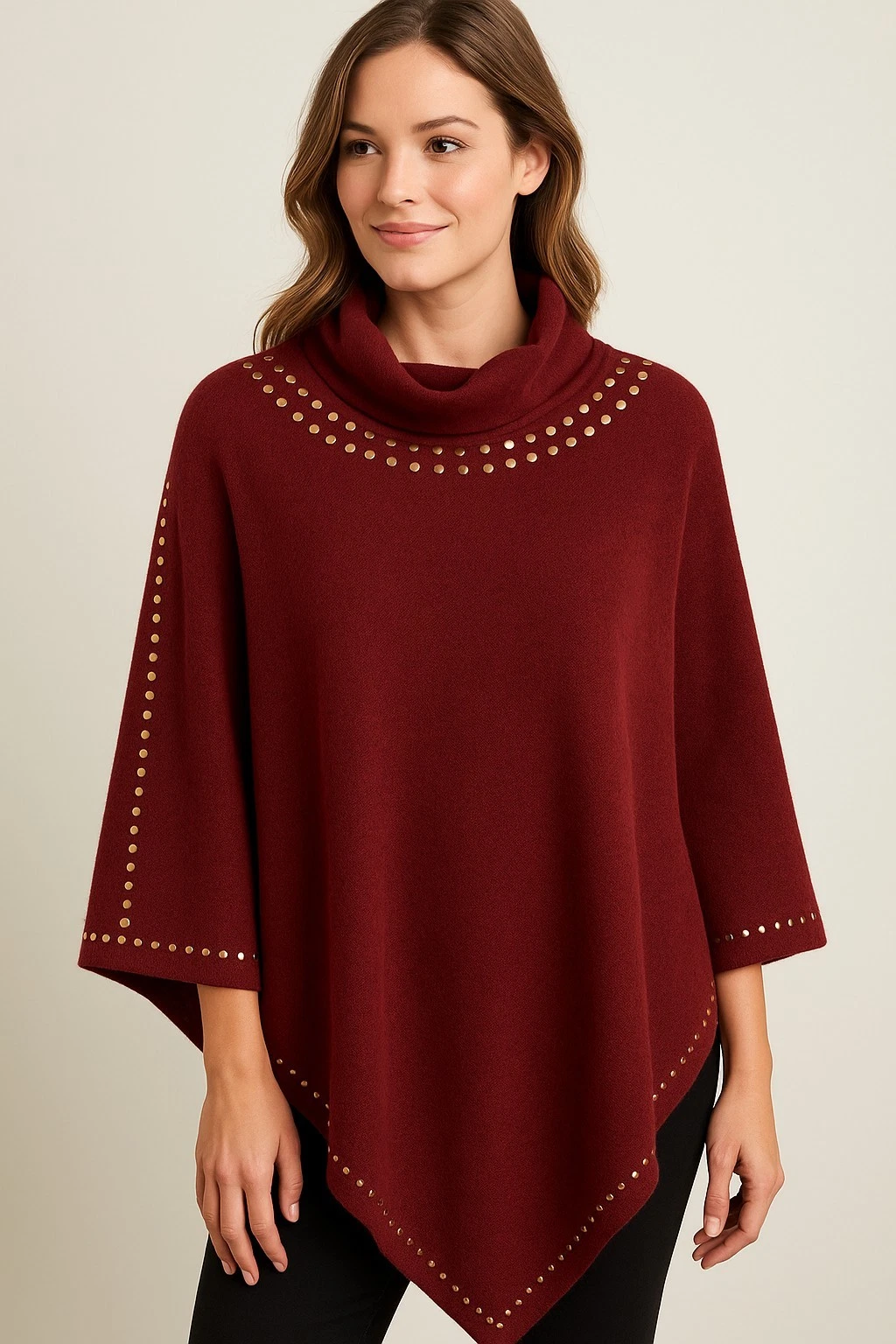 Elegant Burgundy Studded Shawl Poncho Wrap One Size Fits Most, Cowl Neck Shawl