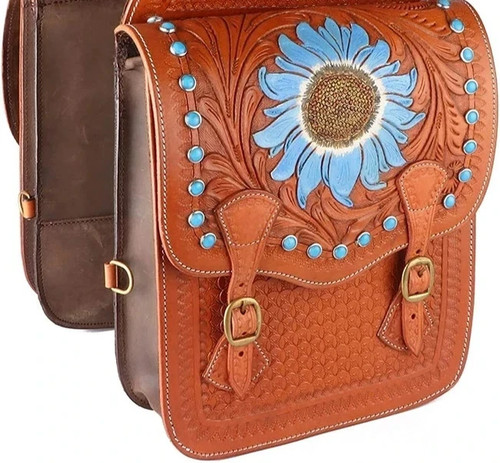 Beautiful Genuine Leather Western Trail Tooling Carving Horse Saddle Bag. - Picture 2 of 3