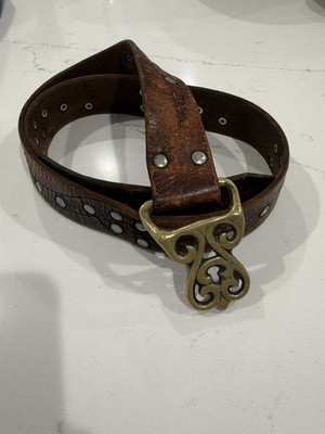 Men s Old Vintage Worn Weathered Brown Belt Brass Decorative Buckle Studs Retro