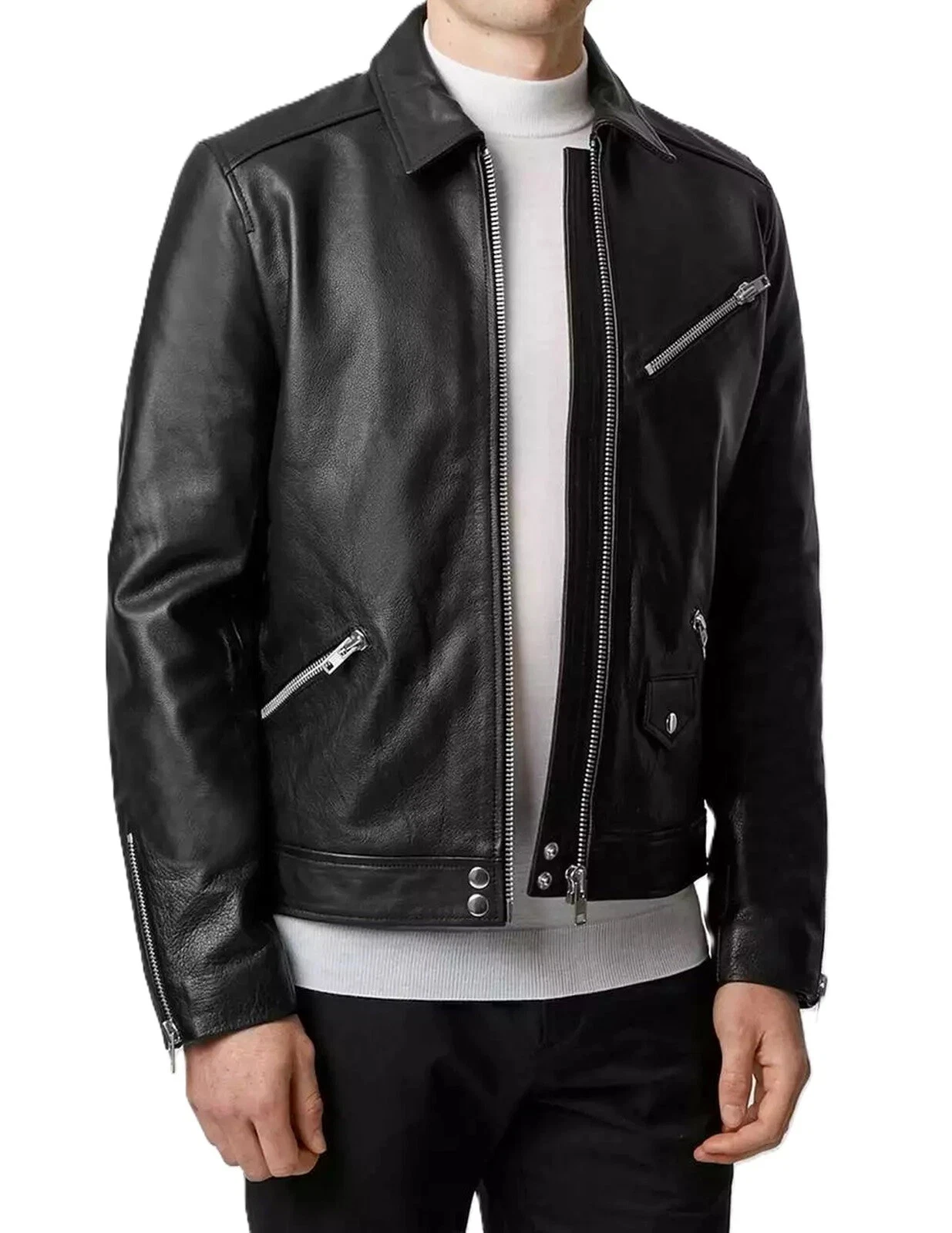 Men's Black Jacket 100% Genuine Lambskin Real Leather Collared Biker Casual Coat