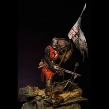 75mm Crusader Knight Resin Figure Medieval Warrior with Sword, Shield & Flag