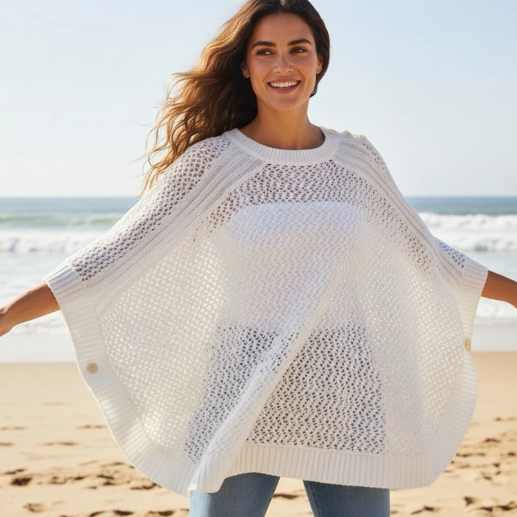 Talbots Women’s Poncho Small Crochet Ivory Large