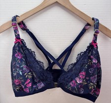 Cacique Bralette 38DDD Wireless Front Closure  Blue Floral