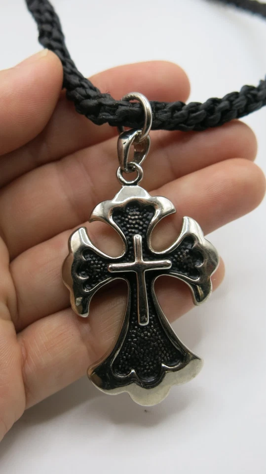 Men's Gothic Cross Silver Pendant Handmade Black Waxed Cord Braided Necklace 20" - Image 3 of 4